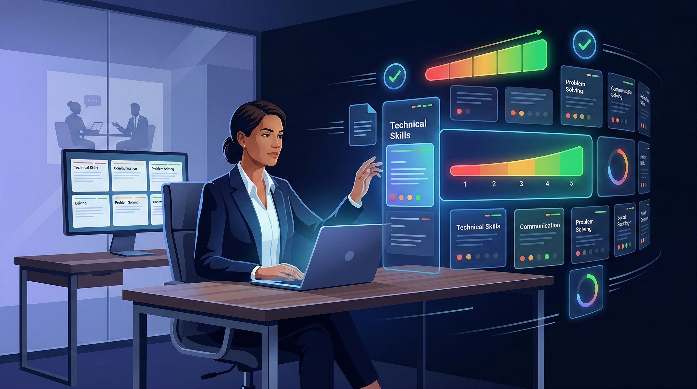 Professional reviewing interview practice questions with a scoring rubric on a laptop