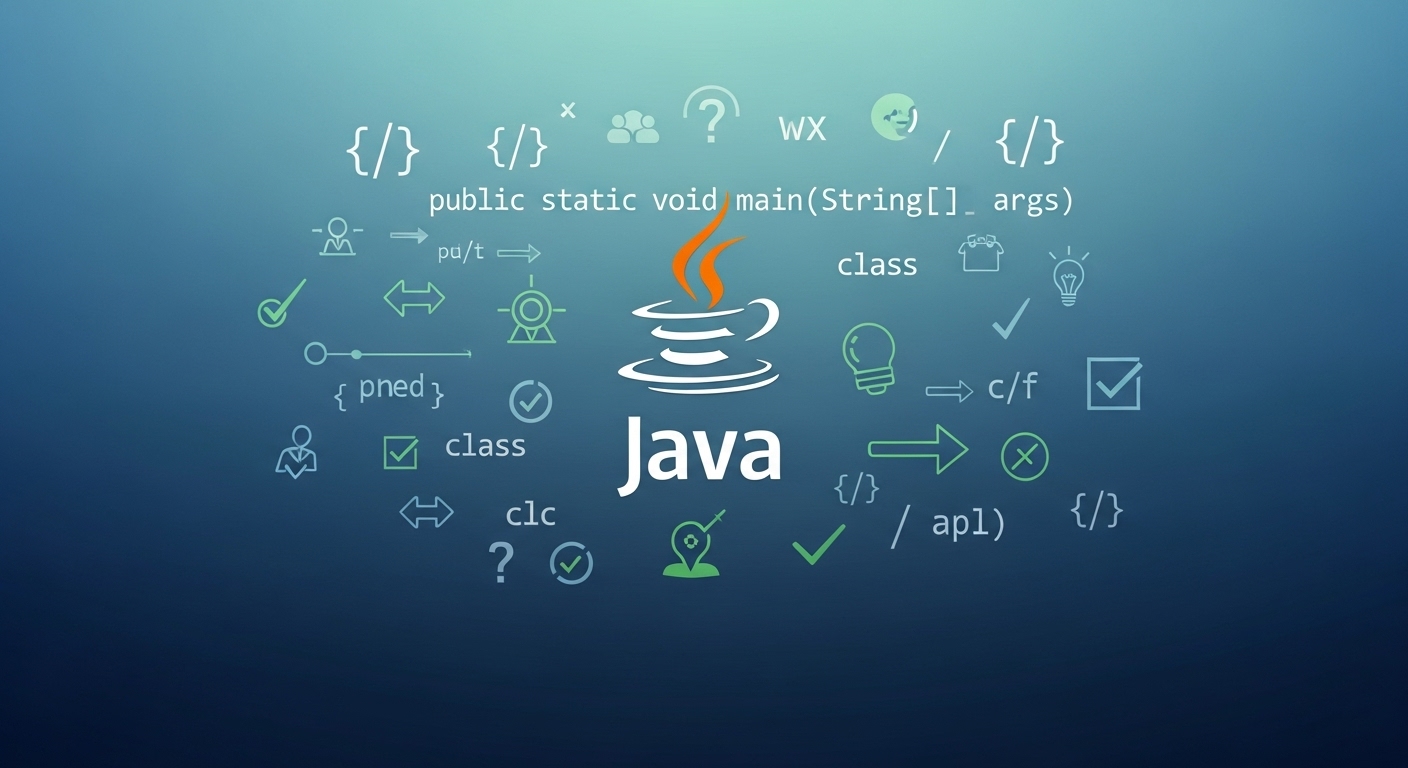 Java code on screen with interview preparation elements showing common Java interview questions